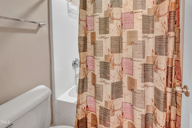 bathroom featuring toilet and shower / bathtub combination with curtain