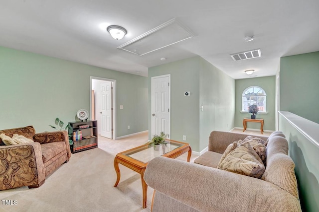 living room featuring light carpet