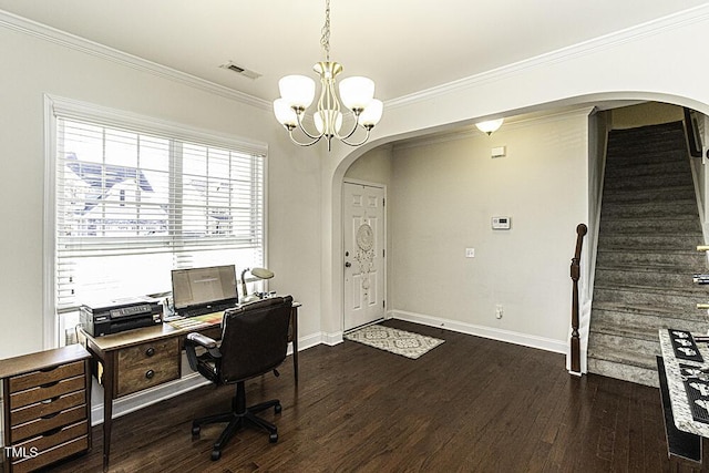 office space featuring a notable chandelier, crown molding, and dark hardwood / wood-style flooring