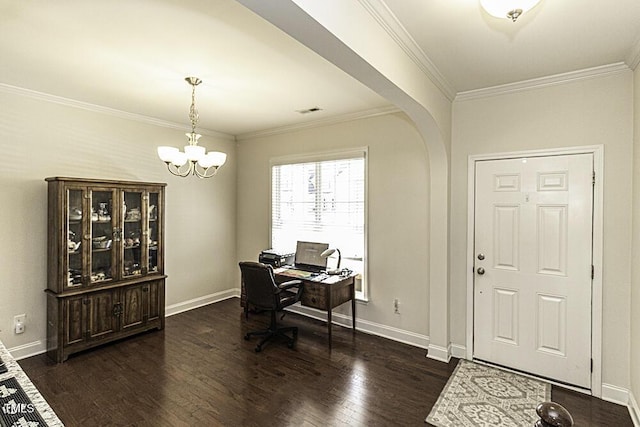 office featuring ornamental molding, an inviting chandelier, and dark hardwood / wood-style flooring