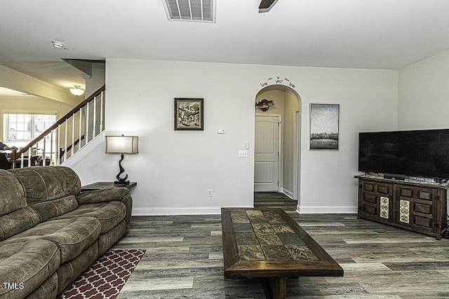 living room with dark wood-type flooring