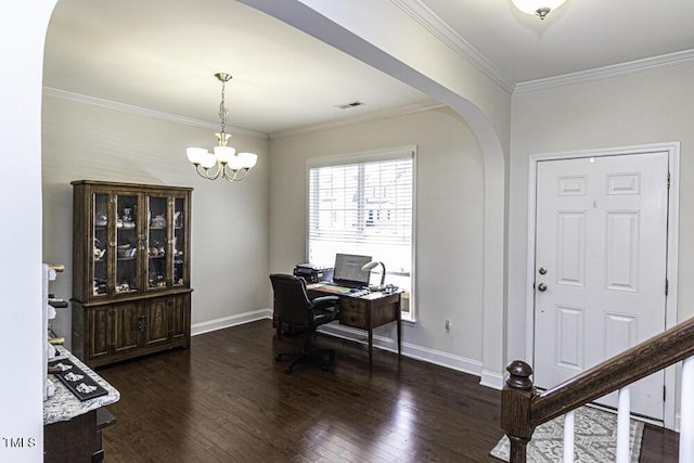 office area featuring dark hardwood / wood-style floors, a notable chandelier, and ornamental molding