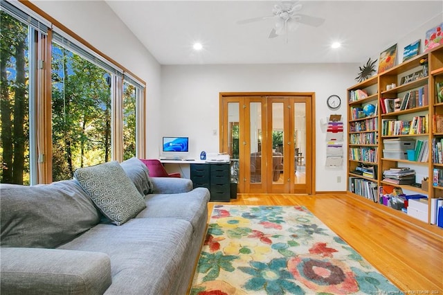 interior space featuring hardwood / wood-style flooring and ceiling fan