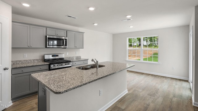 kitchen featuring stainless steel appliances, wood-type flooring, sink, and an island with sink