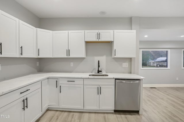 kitchen with white cabinetry, stainless steel dishwasher, sink, and light wood-type flooring