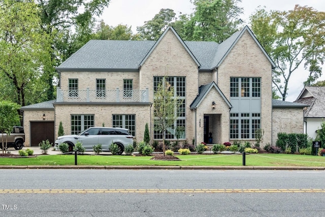 view of front facade featuring a balcony and a front yard