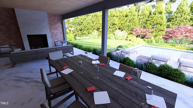 216 Dartmouth Rd, Raleigh, NC 27609 - wooden deck with an outdoor fireplace, a patio, outdoor dining space, and an outdoor pool