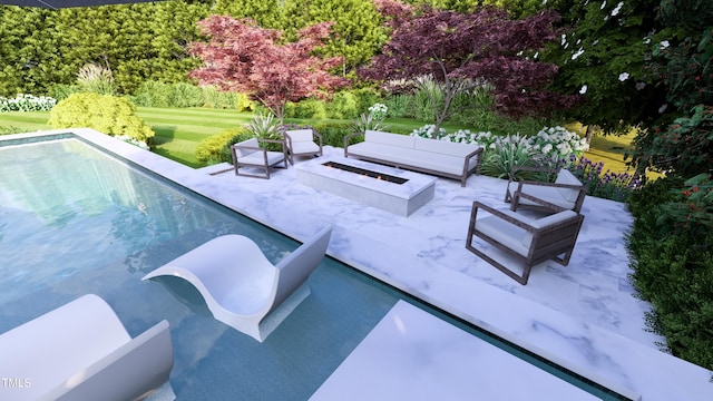 216 Dartmouth Rd, Raleigh, NC 27609 - outdoor pool featuring a patio area and an outdoor living space with a fire pit