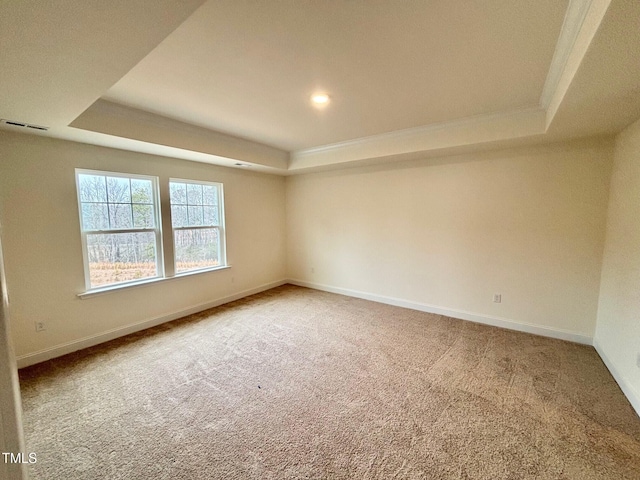 empty room featuring a tray ceiling, carpet flooring, and ornamental molding