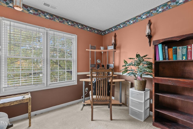 office area featuring carpet floors and a textured ceiling