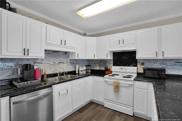 kitchen with white electric stove, stainless steel dishwasher, ornamental molding, and white cabinets