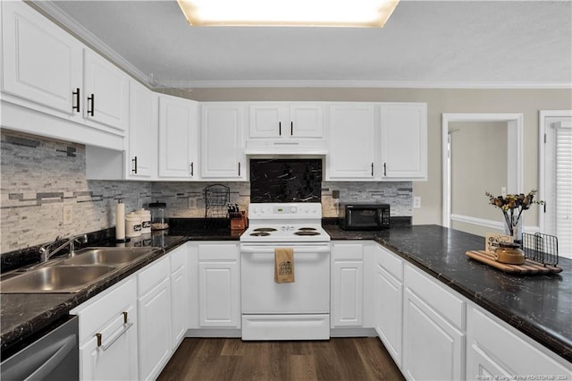 kitchen with ornamental molding, sink, white cabinets, stainless steel dishwasher, and white electric range