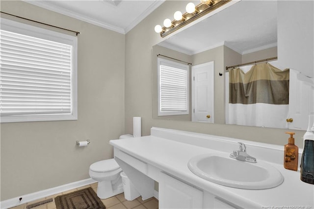 bathroom with ornamental molding, vanity, toilet, and a shower with shower curtain