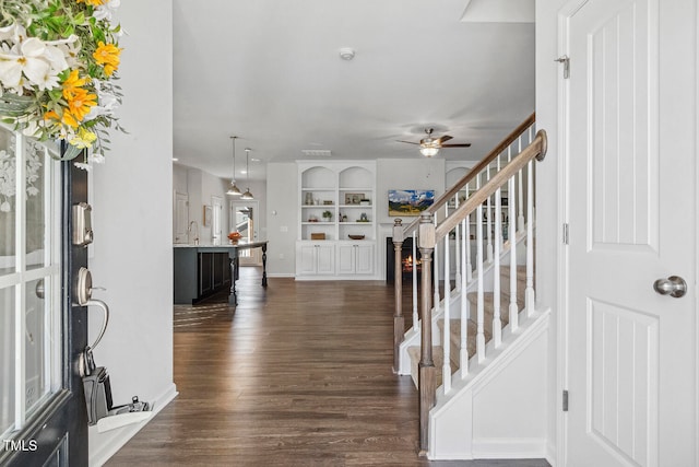 foyer entrance with ceiling fan, dark wood-type flooring, and sink