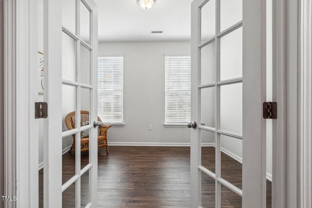 walk in closet featuring french doors and dark hardwood / wood-style floors