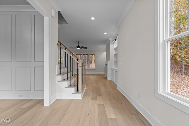 2105 Gentry Rd, Wake Forest, NC 27587 - foyer with light wood-style flooring, stairs, baseboards, recessed lighting, and ceiling fan