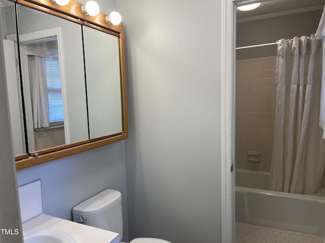 full bathroom with toilet, crown molding, vanity, and shower / bath combination with curtain