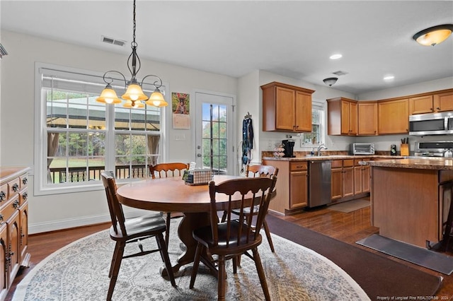 kitchen featuring dark hardwood / wood-style flooring, appliances with stainless steel finishes, decorative light fixtures, and a healthy amount of sunlight