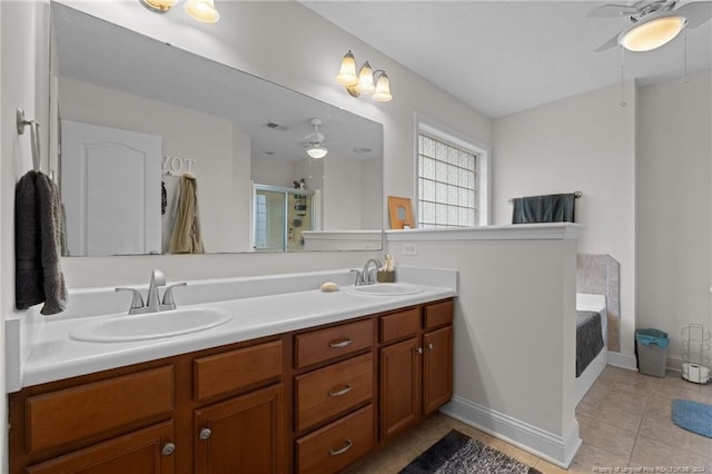 bathroom featuring vanity, tile patterned floors, ceiling fan, and separate shower and tub