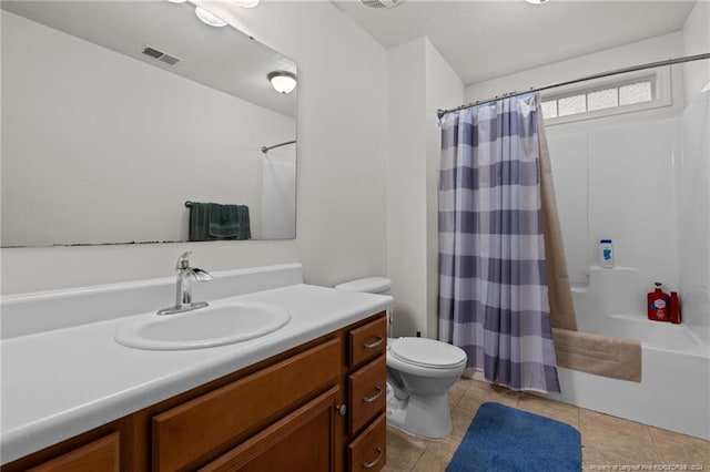 full bathroom featuring tile patterned flooring, vanity, shower / bath combination with curtain, and toilet