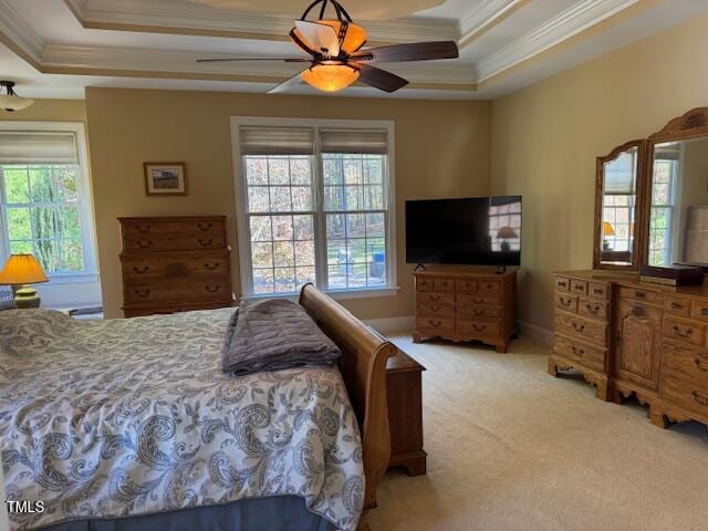 carpeted bedroom featuring a tray ceiling, multiple windows, and ceiling fan