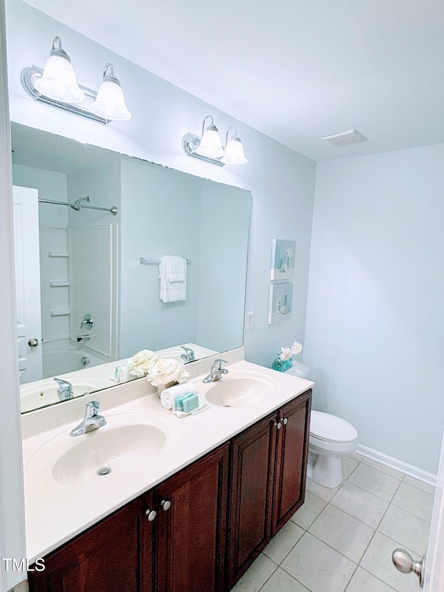 full bathroom featuring toilet, vanity, shower / bath combination, and tile patterned floors