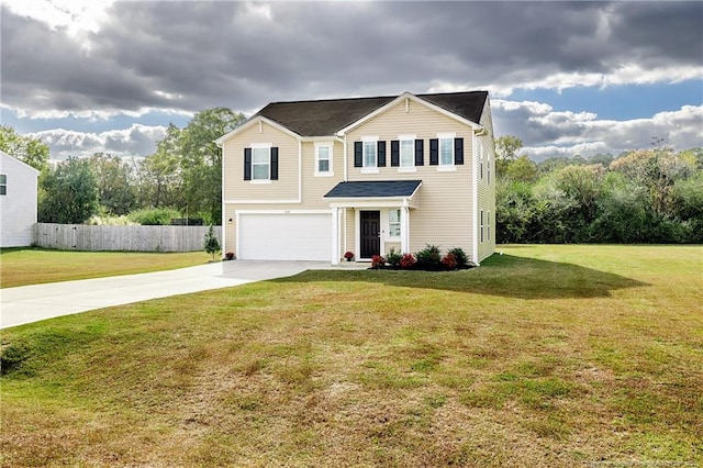 view of property featuring a garage and a front yard