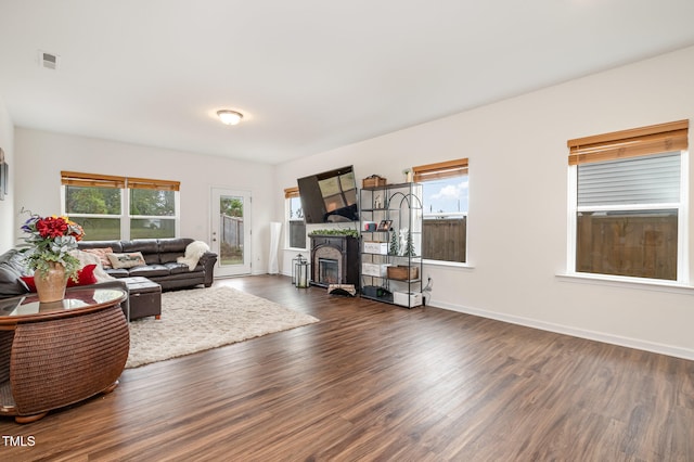 living area with dark wood-style flooring, a fireplace, and a wealth of natural light