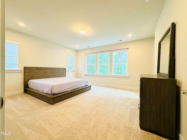 bedroom with light carpet