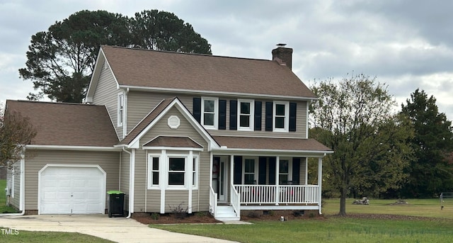 colonial house with a front lawn, a porch, and a garage