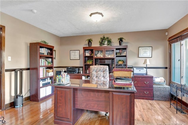 office featuring a healthy amount of sunlight, a textured ceiling, and light hardwood / wood-style flooring