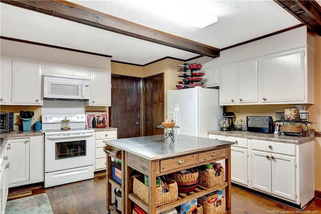 kitchen featuring white cabinets, dark hardwood / wood-style flooring, white appliances, and beamed ceiling