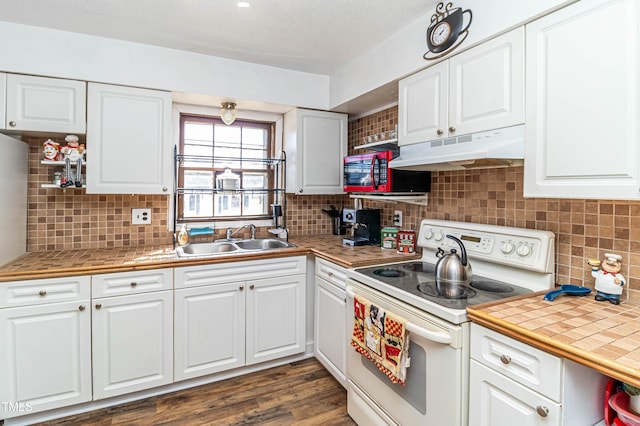 1717 Martin Luther King Dr, Rocky Mount, NC 27801 - kitchen featuring white electric range oven, under cabinet range hood, a sink, white cabinets, and backsplash