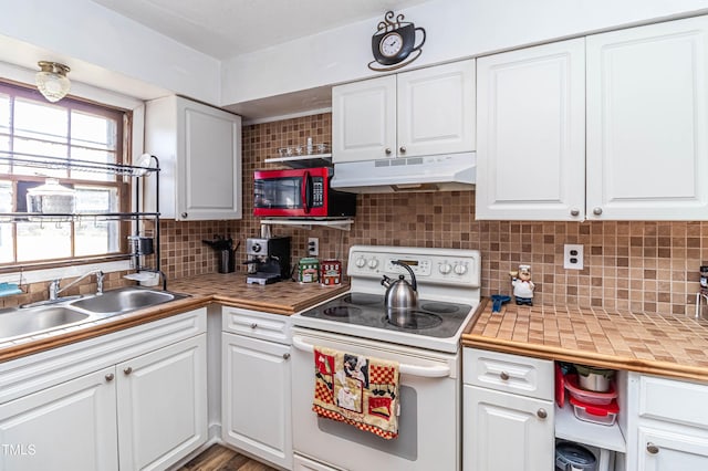 kitchen with tasteful backsplash, white cabinetry, sink, and white electric stove