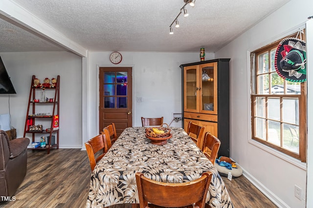 1717 Martin Luther King Dr, Rocky Mount, NC 27801 - dining space with a textured ceiling, dark wood-style floors, track lighting, and baseboards