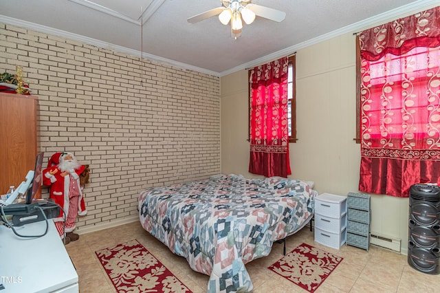 tiled bedroom featuring a baseboard radiator, ceiling fan, crown molding, and brick wall