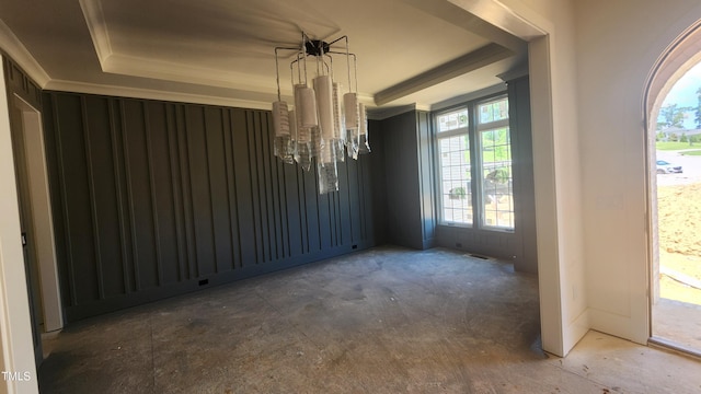 286 W Beech Slope Ct, Chapel Hill, NC 27517 - unfurnished dining area featuring a tray ceiling, a chandelier, and crown molding