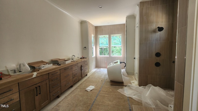 286 W Beech Slope Ct, Chapel Hill, NC 27517 - bathroom featuring a freestanding tub, a tile shower, and vanity