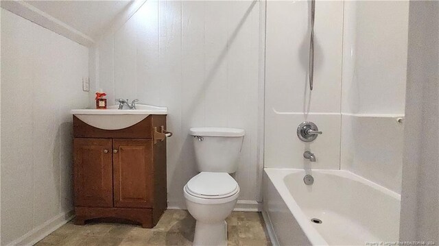 full bathroom with vanity, toilet, bathtub / shower combination, and crown molding