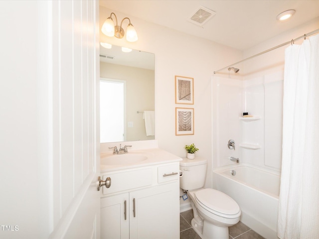 full bathroom featuring vanity, tile patterned floors, toilet, and shower / bathtub combination with curtain