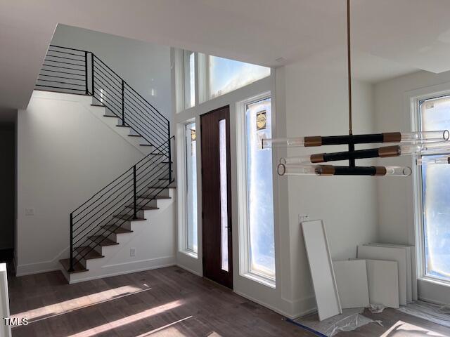 foyer entrance featuring a wealth of natural light and dark hardwood / wood-style flooring