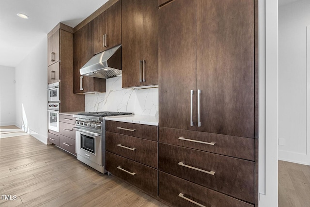 kitchen with dark brown cabinetry, decorative backsplash, light hardwood / wood-style floors, and appliances with stainless steel finishes