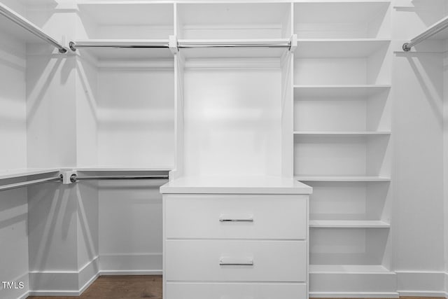 spacious closet with dark hardwood / wood-style floors