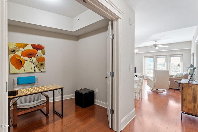 office space featuring ceiling fan and hardwood / wood-style floors