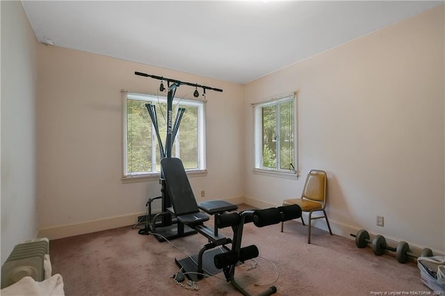 exercise area with light colored carpet