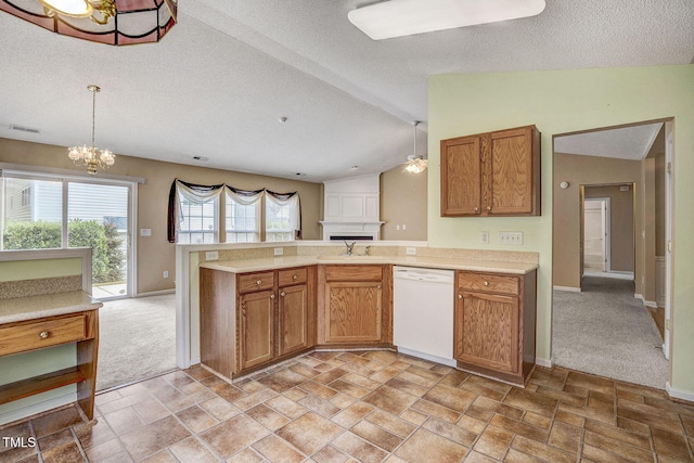 kitchen featuring lofted ceiling, light colored carpet, decorative light fixtures, and dishwasher