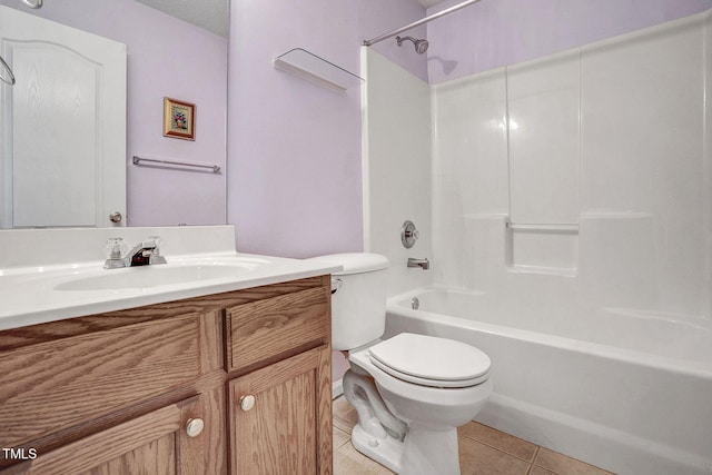 full bathroom with toilet, vanity, shower / bath combination, and tile patterned floors