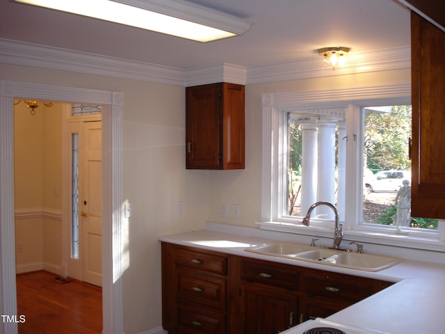 kitchen with dark wood-type flooring, sink, ornamental molding, and plenty of natural light