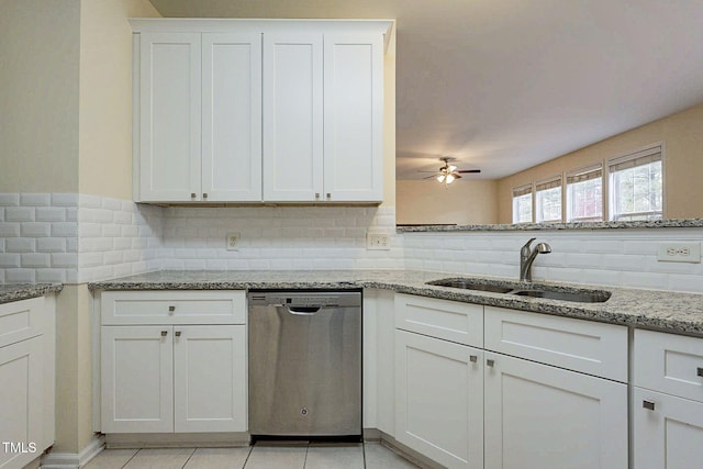 kitchen featuring sink, stainless steel dishwasher, white cabinetry, and tasteful backsplash