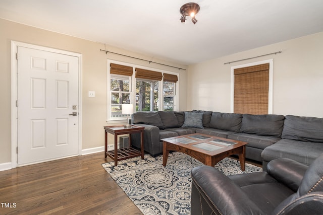 living room featuring dark wood-type flooring